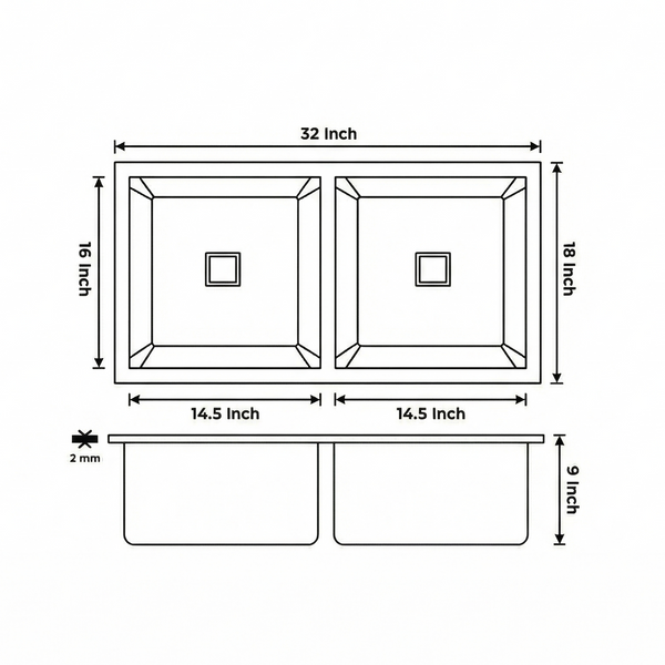 Premium SS 304 Grade Double Equal Bowl Kitchen Sink, Matte Finish, 32x18x9 In, 25 Years Warranty