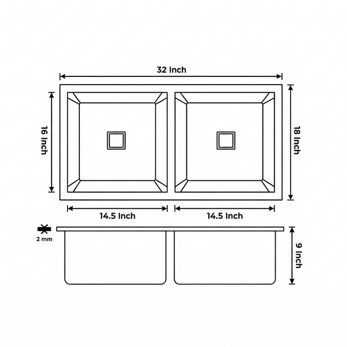Premium SS 304 Grade Double Equal Bowl Kitchen Sink, Matte Finish, 32x18x9 In, 25 Years Warranty