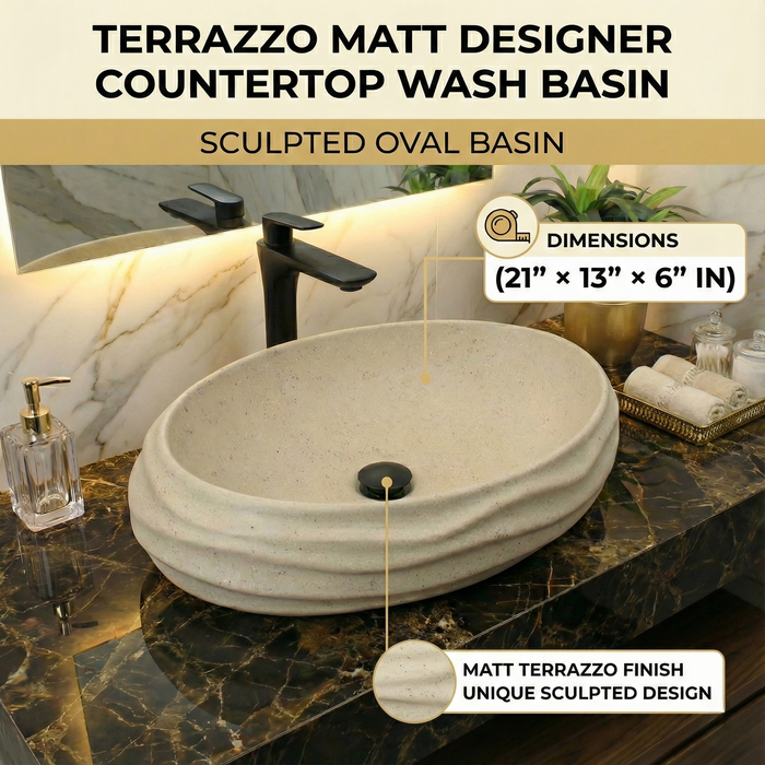 Terrazzo Matt Designer Countertop Wash Basin | Sculpted Oval Basin (22″ × 15″ × 6″ IN)