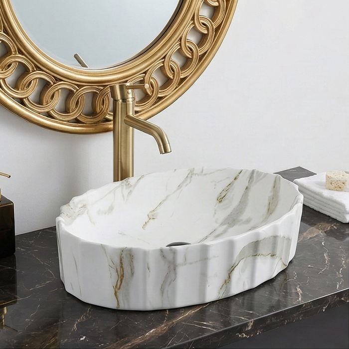 Matte Marble Finish Designer Oval Countertop Bathroom Sink Wash Basin (22" × 14" × 6" IN)