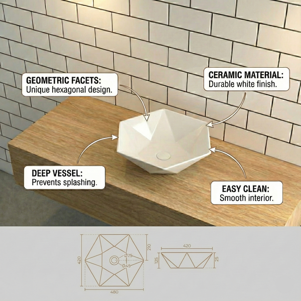Premium Hexagonal Geometric Design Ceramic Table Top Basin (PRIZM) (480x420x125 mm)