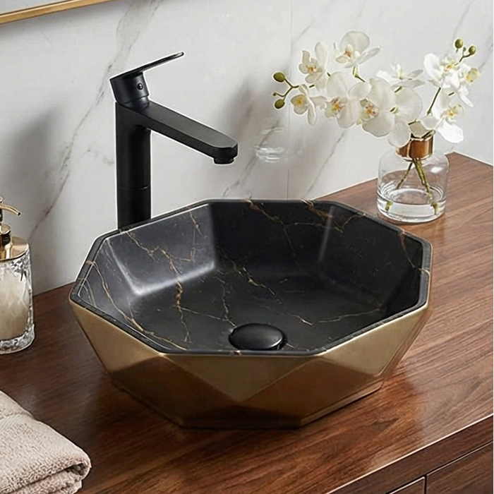 Premium Designer Ceramic Table Top Wash Basin, Bronze & Black Marble Matt (16 x 16 x 5.5 In) EQP-1048