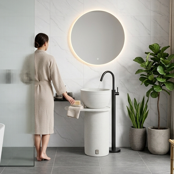 Luxury Pedestal Wash Basin with Side Shelf | Artificial Stone Freestanding Basin | 23.5″ × 16″ × 34″ In White