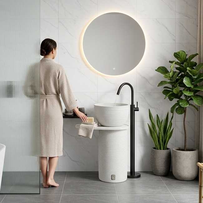 Luxury Pedestal Wash Basin with Side Shelf | Artificial Stone Freestanding Basin | 23.5″ × 16″ × 34″ In White