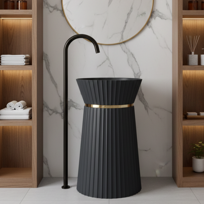 Sculpted Elegance with Rose Gold Accent Artificial Stone Pedestal Basin 17.5″ × 17.5″ × 34″ In Black