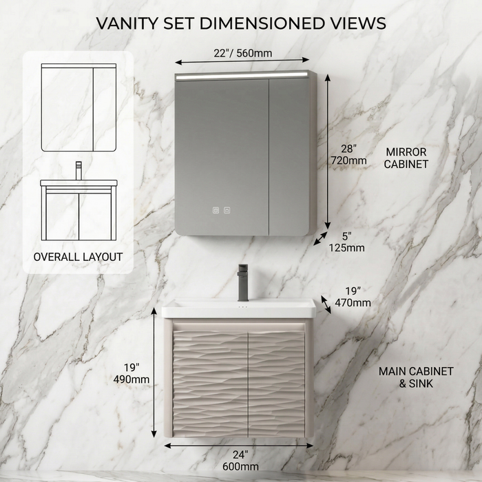 BASSINO Bathroom Vanity Cabinet Set – 24″ Wall Mounted PVC & Carbon Fiber Vanity with Ceramic Basin & LED Mirror Cabinet