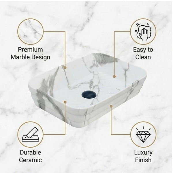 Matte Marble Finish Rectangular Countertop Bathroom Sink Wash Basin (20" × 14" × 5" IN) White