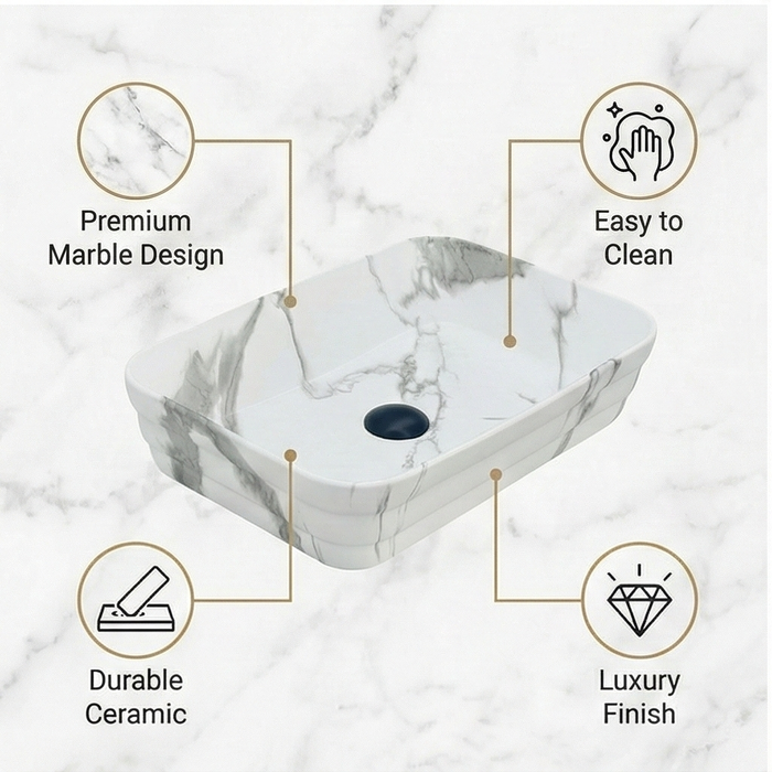 Matte Marble Finish Rectangular Countertop Bathroom Sink Wash Basin (20" × 14" × 5" IN)
