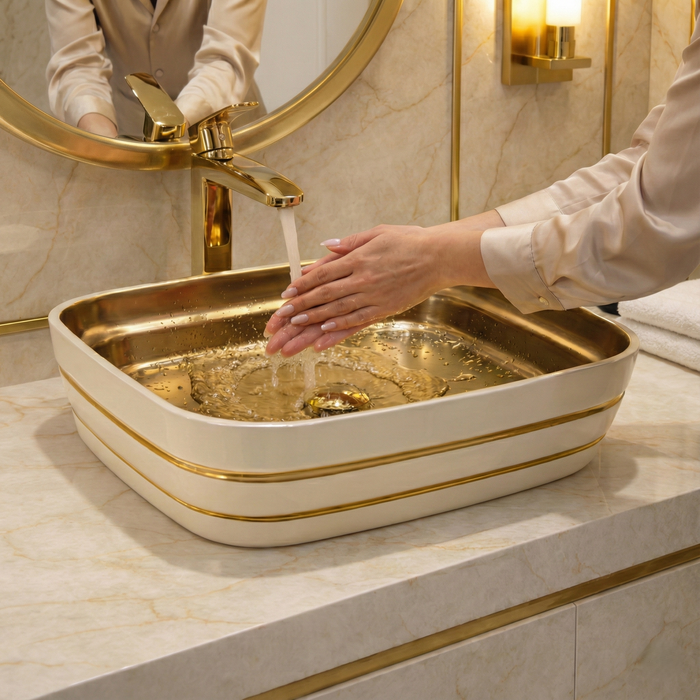Luxury Rectangular Table Top Wash Basin | Gold Designer Finish (20″ × 15″ × 6″ IN)