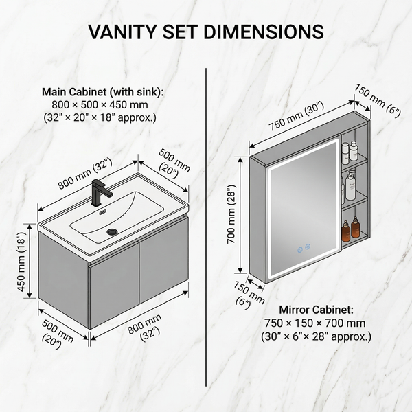 BASSINO Bathroom Vanity Cabinet Set – 32″ Wall Mounted Stainless Steel & Aluminum Vanity with Ceramic Basin & LED Mirror Cabinet