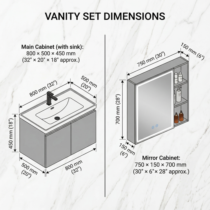 BASSINO Bathroom Vanity Cabinet Set – 32″ Wall Mounted Stainless Steel & Aluminum Vanity with Ceramic Basin & LED Mirror Cabinet