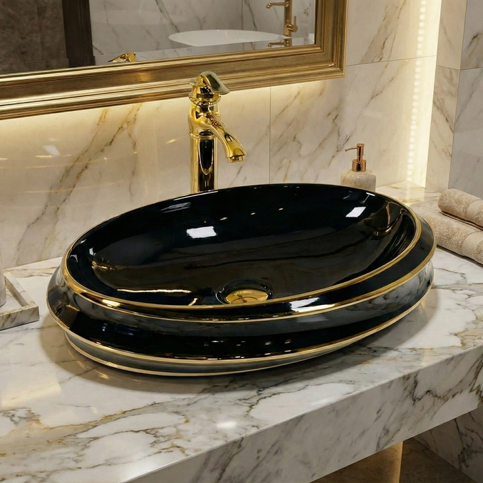 Premium Designer Ceramic Table Top Wash Basin, Black-Gold Glossy (23.5 x 16 x 5.5 In) ZXTT/738