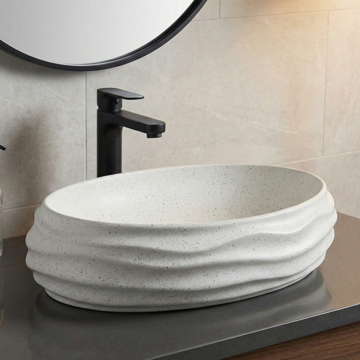 Terrazzo Matt Designer Countertop Wash Basin | Sculpted Oval Basin (22″ × 15″ × 6″ IN)