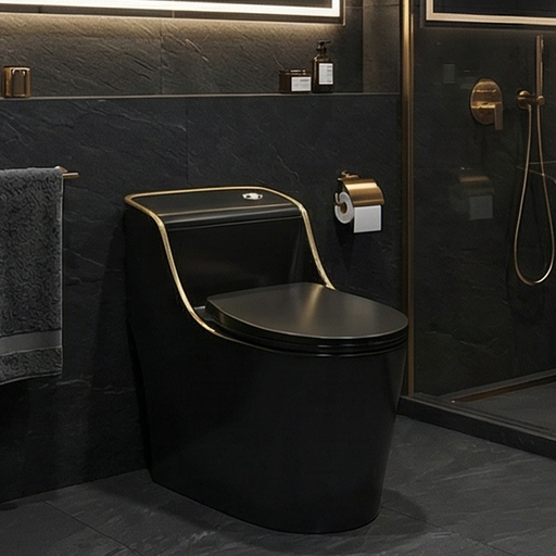 Modern black toilet in a bathroom with dark tiles and gold fixtures.
