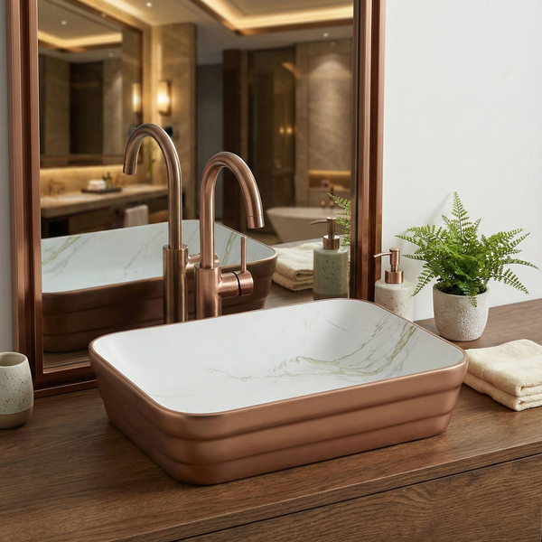 Double Color Matt Marble Bathroom Sink Rectangular Countertop Wash Basin (20" × 14" × 5"IN) Rose gold