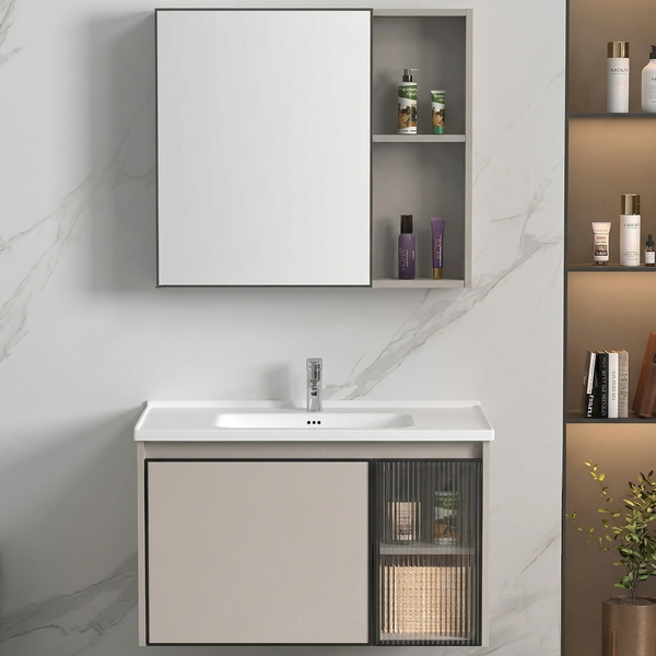 BASSINO Bathroom Vanity Cabinet Set – 32″ Wall Mounted Carbon Fiber Vanity with Ceramic Basin & Mirror Cabinet