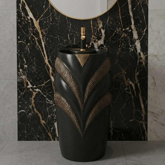 BASSINO Designer Pedestal Basin – 19″ x 15″ x 32″ in Floor Standing Ceramic Wash Basin | Luxury Black Pedestal Sink