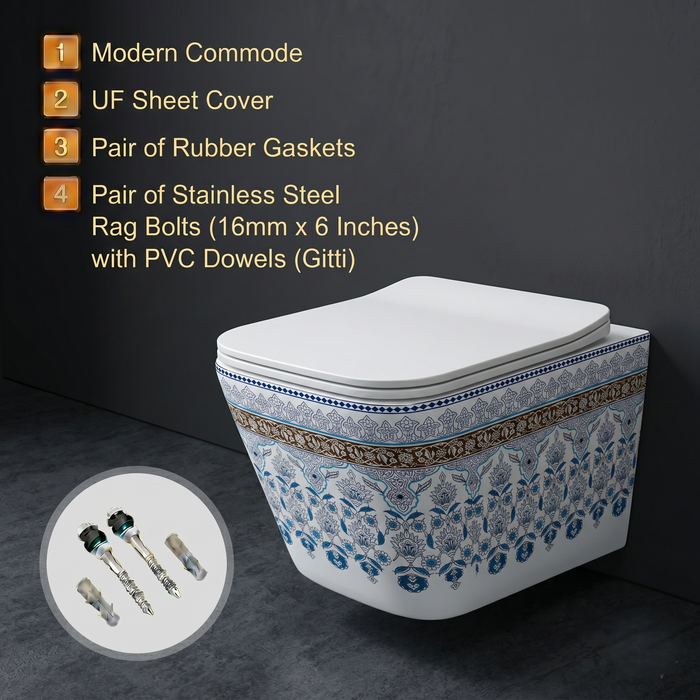 Bassino Wall Hung Toilet (21 x 13 x 14 Inches) – Designer Floral Pattern Finish | Luxury Wall Mounted WC