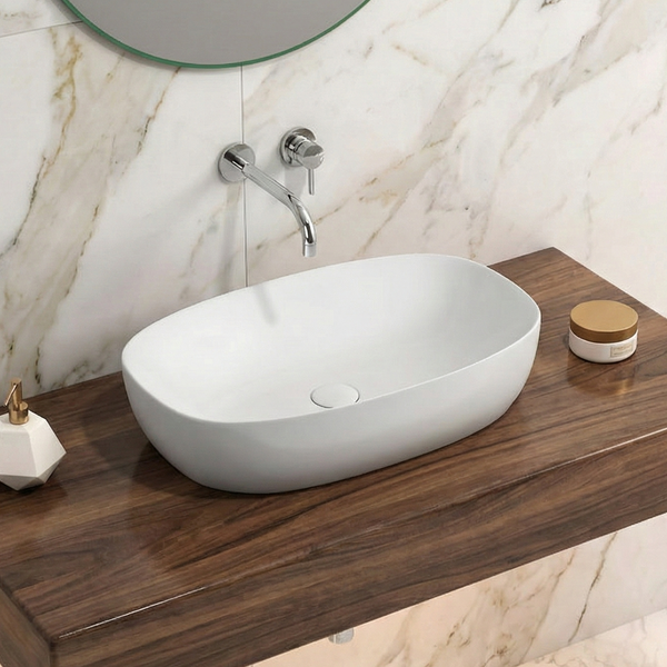Premium Aesthetic Ceramic White Oval Table Top Basin (GLOSTER) (600x370x130mm)