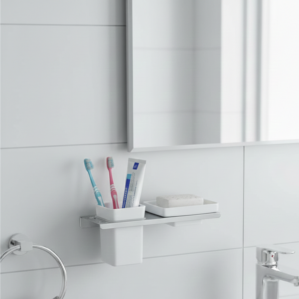 BASSINO Stylish Soap Dish & Toothbrush Tumbler Holder For Bathroom-SS 304 & PTMT Material-CHROME FINISH