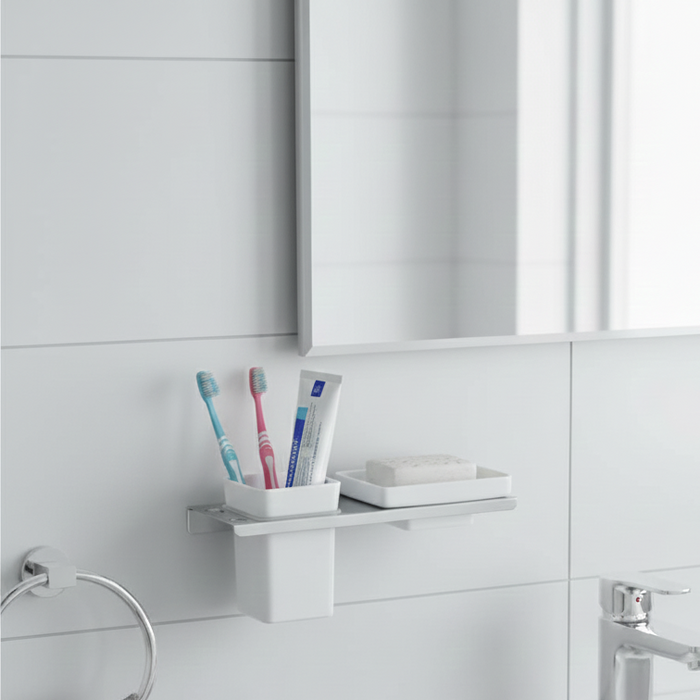 BASSINO Stylish Soap Dish & Toothbrush Tumbler Holder For Bathroom-SS 304 & PTMT Material-CHROME FINISH