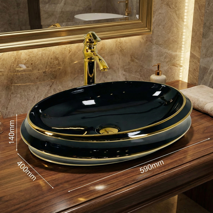 Premium Designer Ceramic Table Top Wash Basin, Black-Gold Glossy (23.5 x 16 x 5.5 In) ZXTT/738