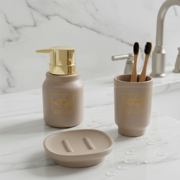 Ceramic 3-Piece Bathroom Accessory Set – Premium Gold Print Series Beige