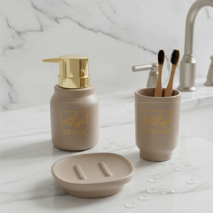 Ceramic 3-Piece Bathroom Accessory Set – Premium Gold Print Series