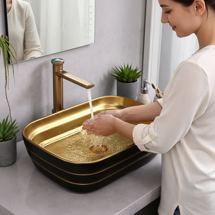 Luxury Rectangular Table Top Wash Basin | Matte Black & Gold Designer Finish (20″ × 15″ × 6″ IN)
