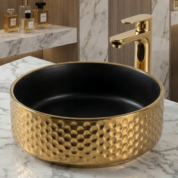 BASSINO Designer Table Top Basin – Luxury Round Countertop Wash Basin | Dual Finish Variants Gold (Size: 15″ × 15″ × 5″)