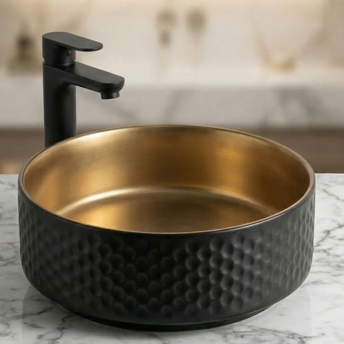 BASSINO Designer Table Top Basin – Luxury Round Countertop Wash Basin | Dual Finish (Size: 15″ × 15″ × 5″)