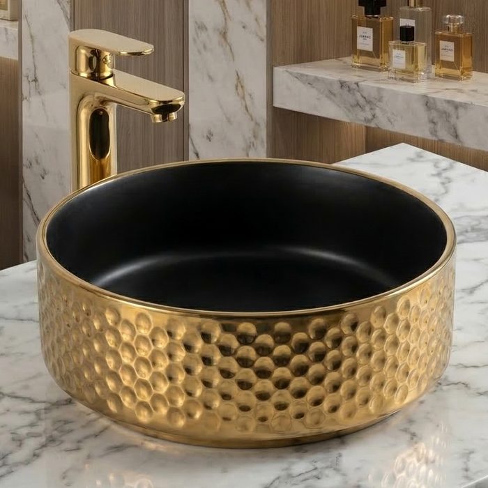 BASSINO Designer Table Top Basin – Luxury Round Countertop Wash Basin | Dual Finish Variants Gold (Size: 15″ × 15″ × 5″)