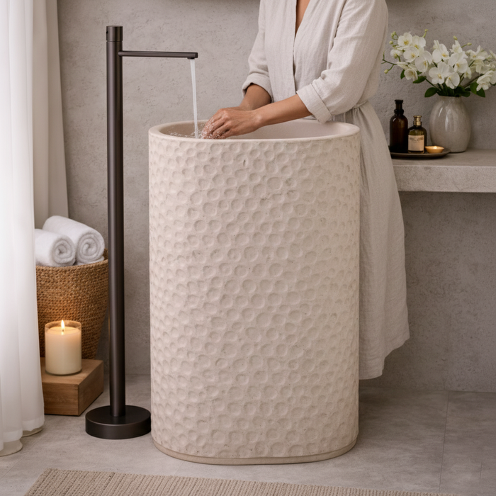 Textured Artificial Stone Pedestal Basin | Luxury Freestanding Wash Basin – Matte Finish 25″ × 16″ × 34″ In