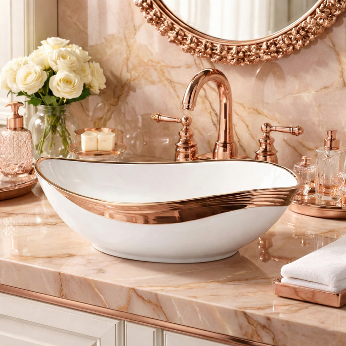Bassino Luxury Counter Top Wash Basin in Gold & Rose Gold | Designer Table Top Basin | Approx. 20 × 14 × 6 Inches