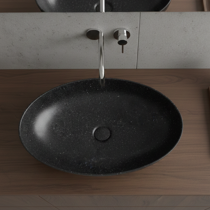 Terrazzo Matt Black Countertop Wash Basin | Modern Oval Stone Sink (20″ × 16″ × 6″ IN)