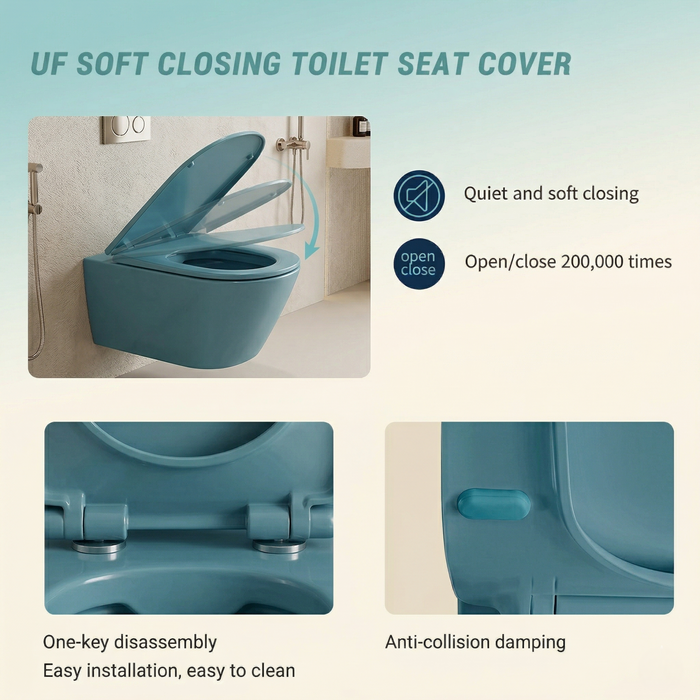 Bassino Matt Kohler Blue Wall Hung Toilet – Rimless WC with UF Seat Cover | 20.5 x 13.5 x 14 Inches
