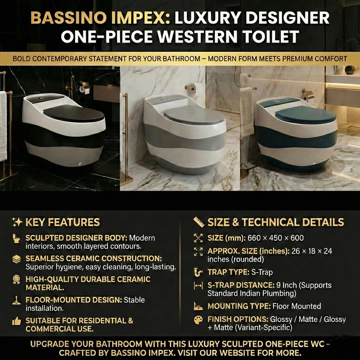 Luxury Designer One-Piece Western Toilet | Glossy + Matte Finish Floor Mounted WC | Approx. 26 × 18 × 24 Inches
