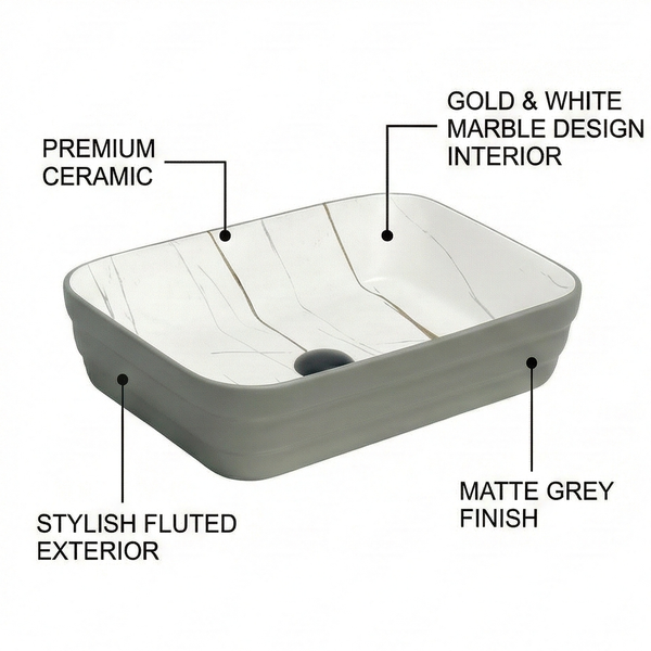 Double Color Matt Marble Bathroom Sink Rectangular Countertop Wash Basin (20" × 14" × 5"IN) Grey