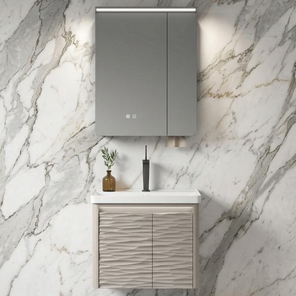 BASSINO Bathroom Vanity Cabinet Set – 24″ Wall Mounted PVC & Carbon Fiber Vanity with Ceramic Basin & LED Mirror Cabinet