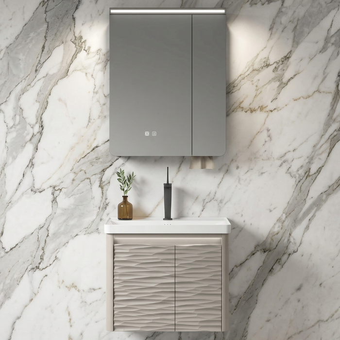 BASSINO Bathroom Vanity Cabinet Set – 24″ Wall Mounted PVC & Carbon Fiber Vanity with Ceramic Basin & LED Mirror Cabinet