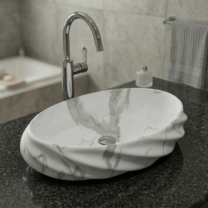 Glossy Marble Oval Countertop Wash Basin – (21" × 13" × 6" IN)