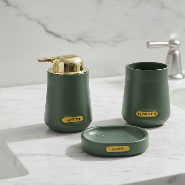 3-Piece Premium Ceramic Bathroom Accessory Set Green