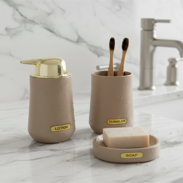 3-Piece Premium Ceramic Bathroom Accessory Set Beige