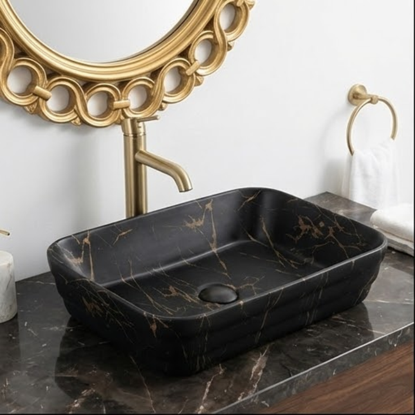 Matte Marble Finish Rectangular Countertop Bathroom Sink Wash Basin (20" × 14" × 5" IN) Black