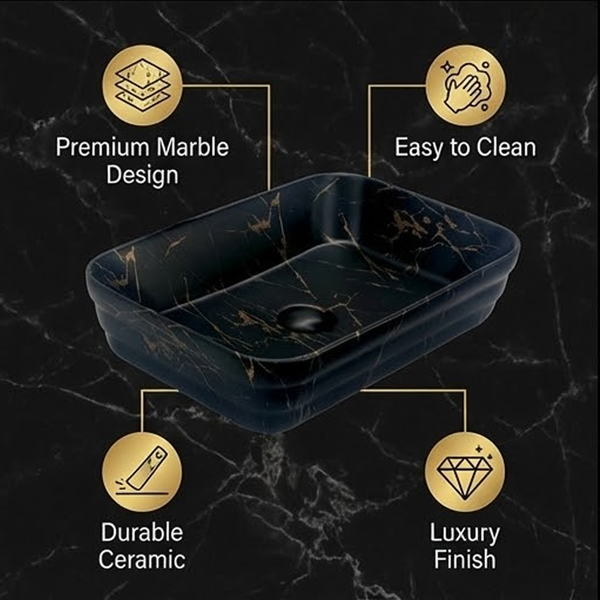 Matte Marble Finish Rectangular Countertop Bathroom Sink Wash Basin (20" × 14" × 5" IN) Black