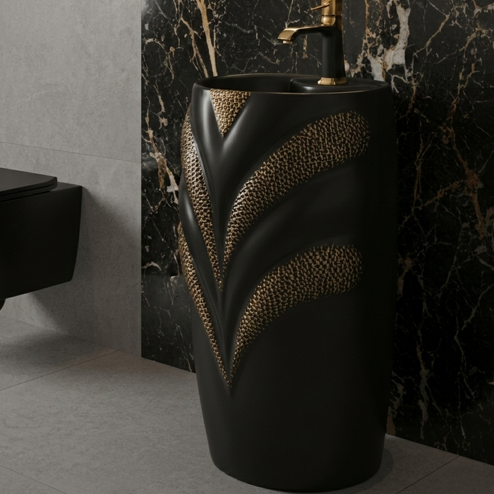 BASSINO Designer Pedestal Basin – 19″ x 15″ x 32″ in Floor Standing Ceramic Wash Basin | Luxury Black Pedestal Sink