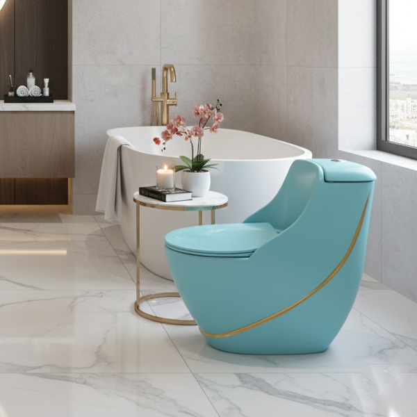Luxury One-Piece Western Toilet with Gold Line | Designer Floor Mounted WC | Approx. 27 × 17 × 27 Inches Aqua Blue