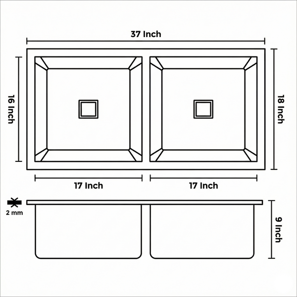 Premium SS 304 Grade Double Equal Bowl Kitchen Sink, Matte Finish, 37x18x9 In, 25 Years Warranty