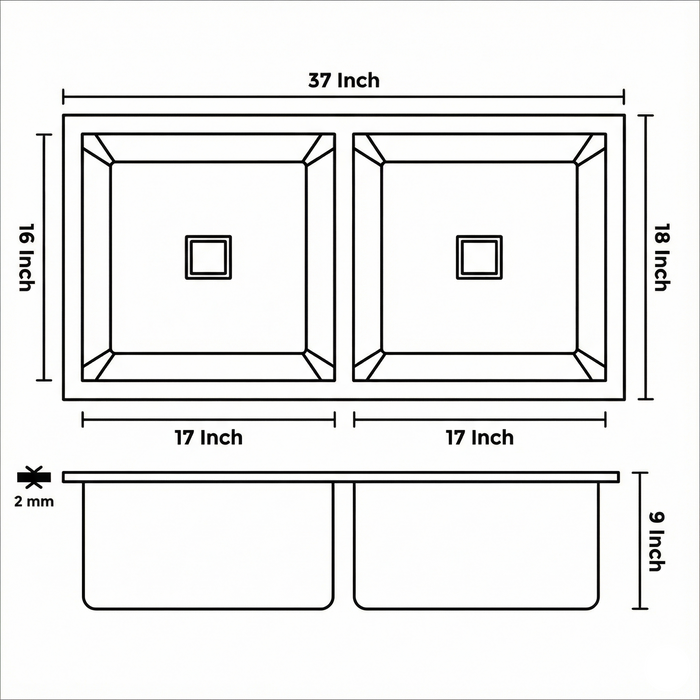 Premium SS 304 Grade Double Equal Bowl Kitchen Sink, Matte Finish, 37x18x9 In, 25 Years Warranty