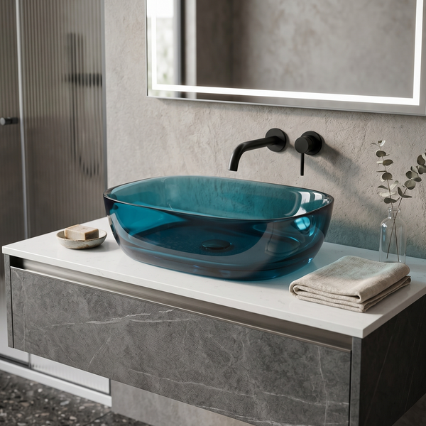 Bassino Modern Transparent Resin Wash Basin | Stylish Countertop Wash Basin for Bathroom–550x360x140 mm Blue